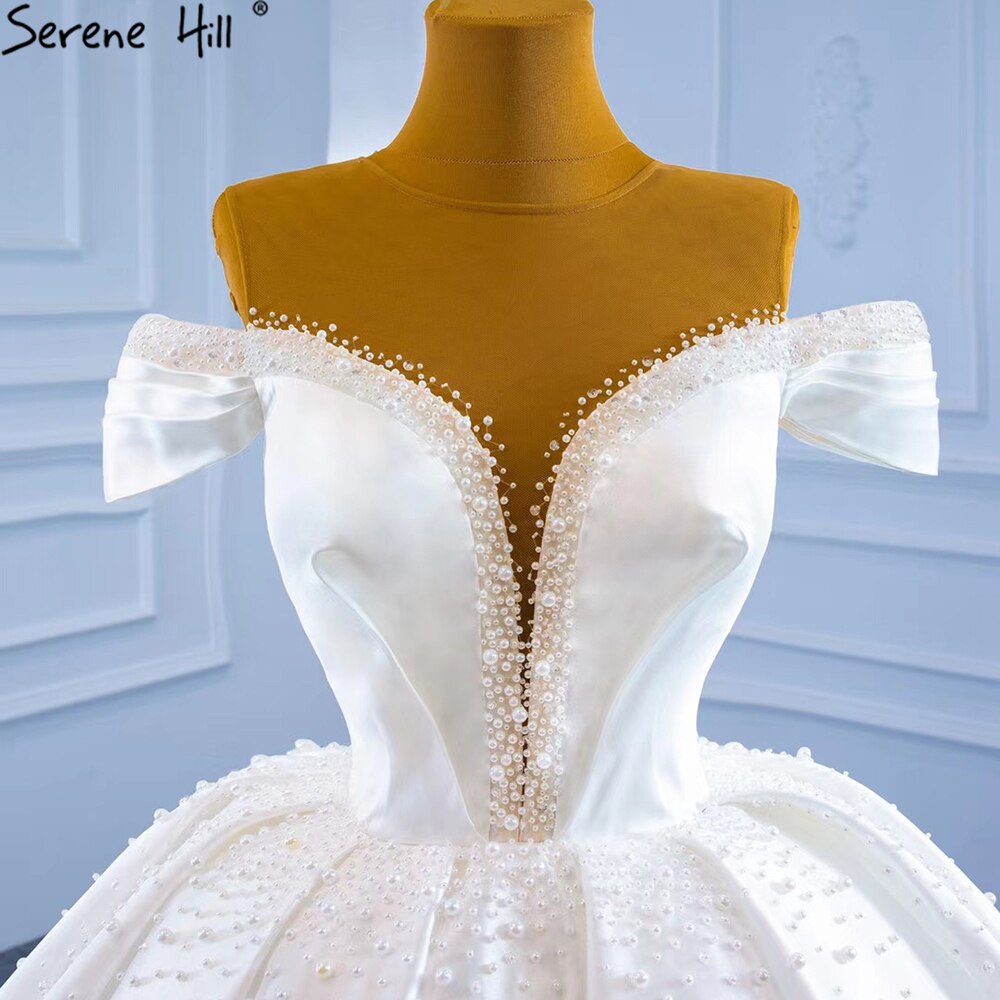 Serene Hill White Satin Beading Pearls Wedding Dresses 2025 Sleeveless High-end Lace Up Bridal Dress HM67240 - SERENE HILL