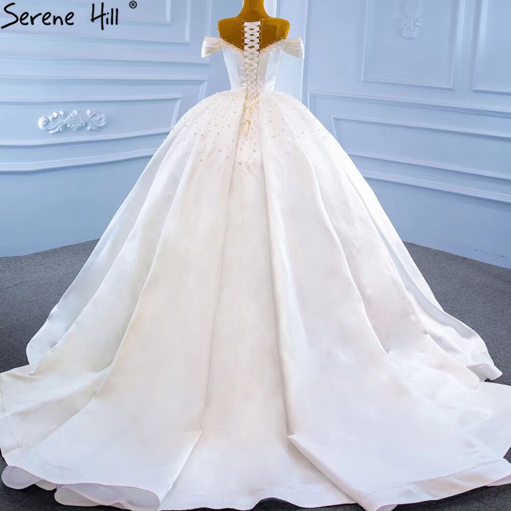 Serene Hill White Satin Beading Pearls Wedding Dresses 2025 Sleeveless High-end Lace Up Bridal Dress HM67240 - SERENE HILL