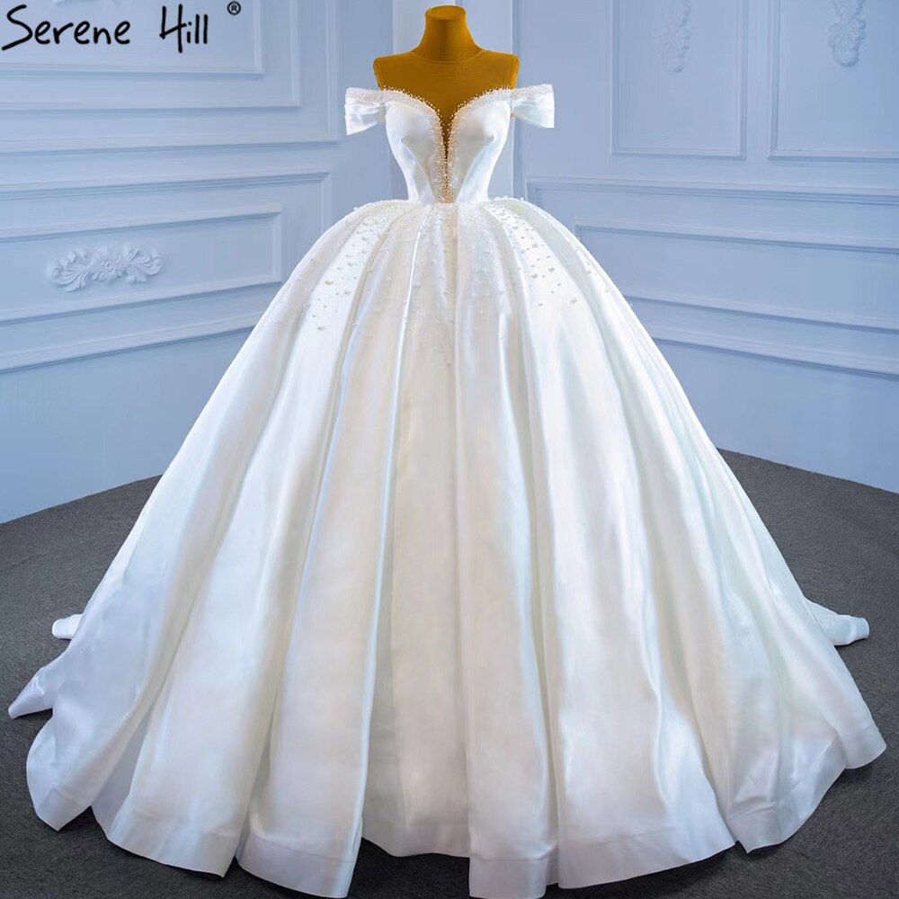 Serene Hill White Satin Beading Pearls Wedding Dresses 2025 Sleeveless High-end Lace Up Bridal Dress HM67240 - SERENE HILL