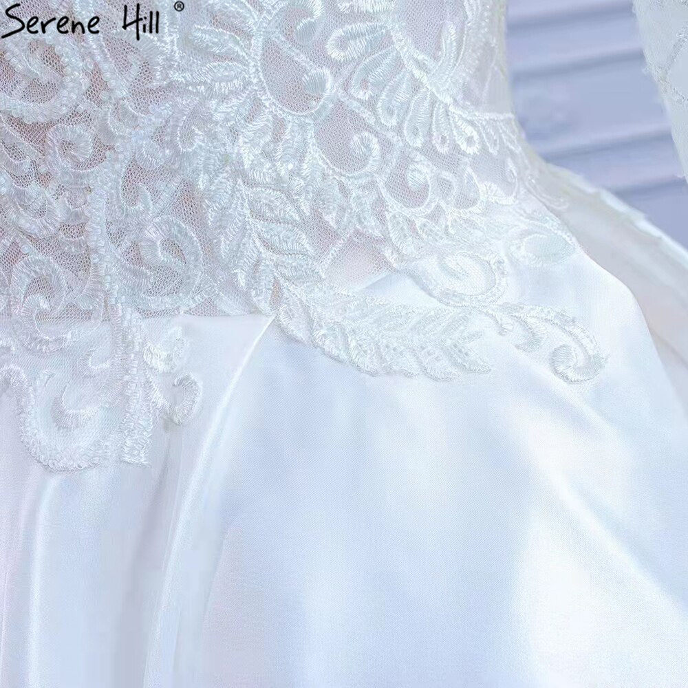 Serene Hill White Satin High Split Wedding Dresses 2025 A-Line Lace Beaded Bride Gowns HM67292 Custom Made - SERENE HILL