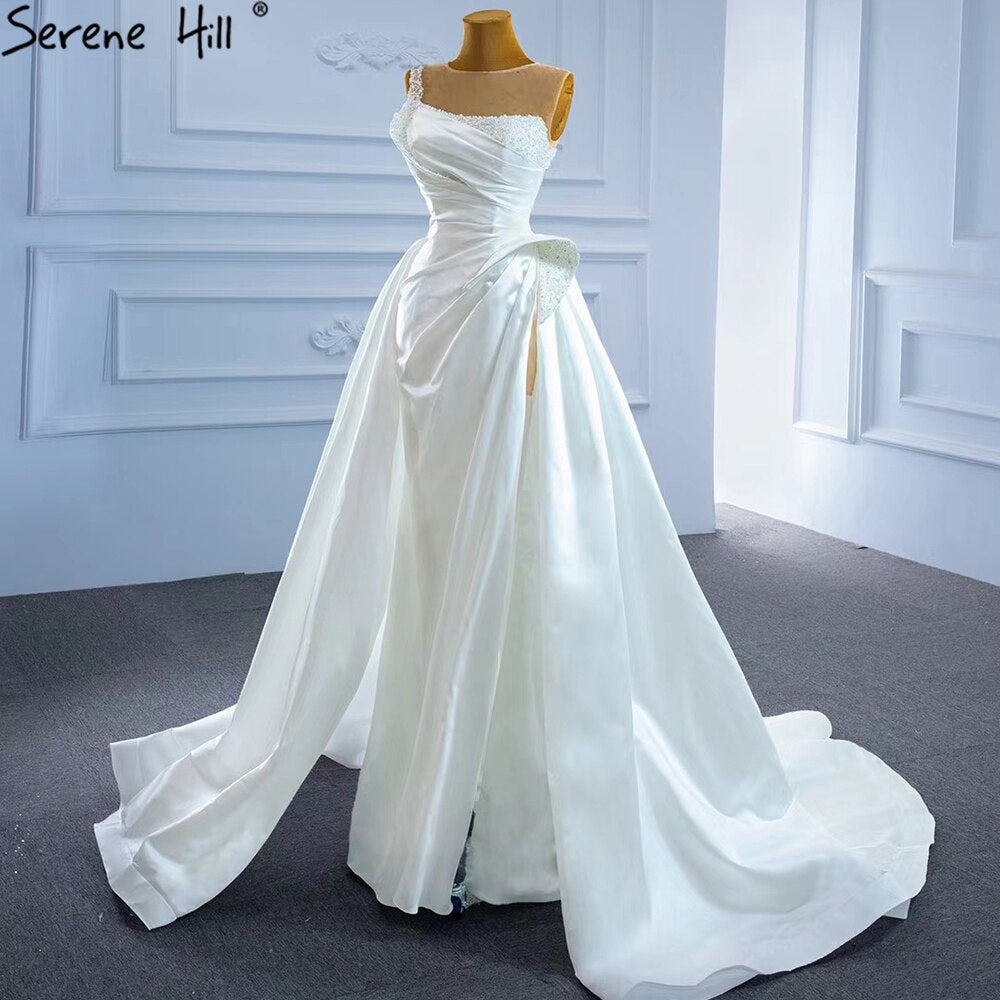 Serene Hill White Satin High Split Wedding Dresses 2025 Beading Pearls Sexy With Train Bridal Dress HM67252 Custom Made - SERENE HILL