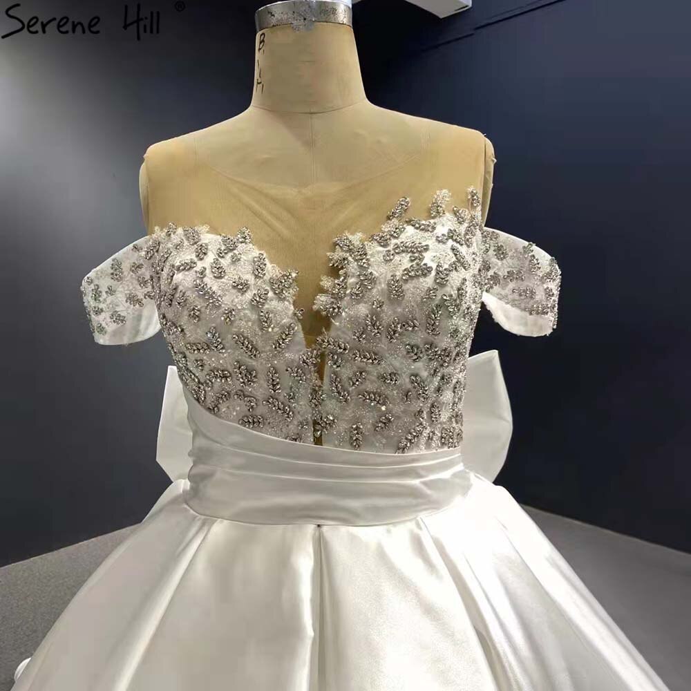 Serene Hill White Satin Lace Up Wedding Dresses 2025 Beaded Bow High-end Bride Gowns HM67412 Custom Made - SERENE HILL