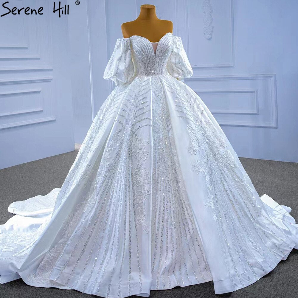 Serene Hill White Satin Luxury Wedding Dresses 2025 Beaded Lantern Sleeve Bride Gowns HM67326 Custom Made - SERENE HILL