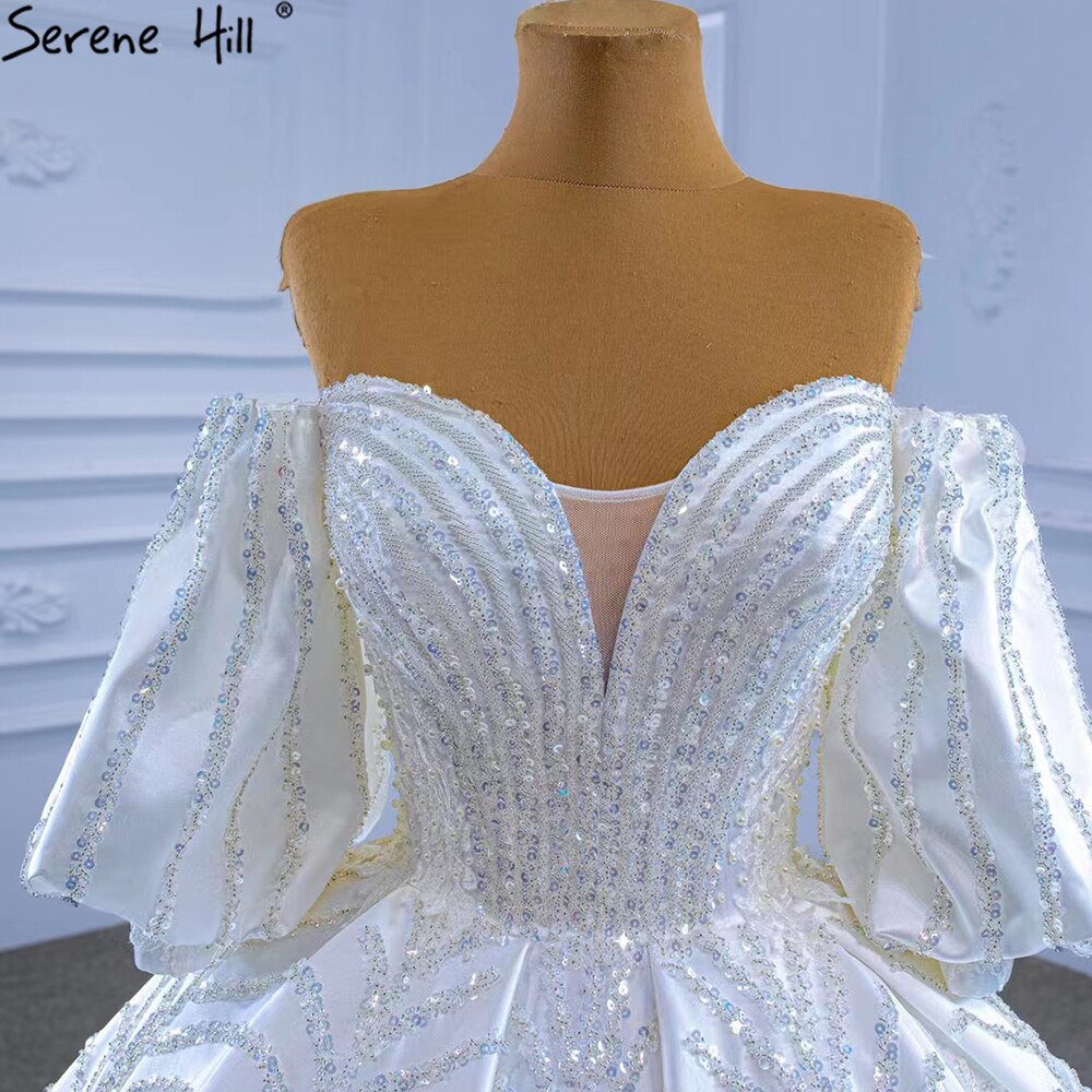 Serene Hill White Satin Luxury Wedding Dresses 2025 Beaded Lantern Sleeve Bride Gowns HM67326 Custom Made - SERENE HILL