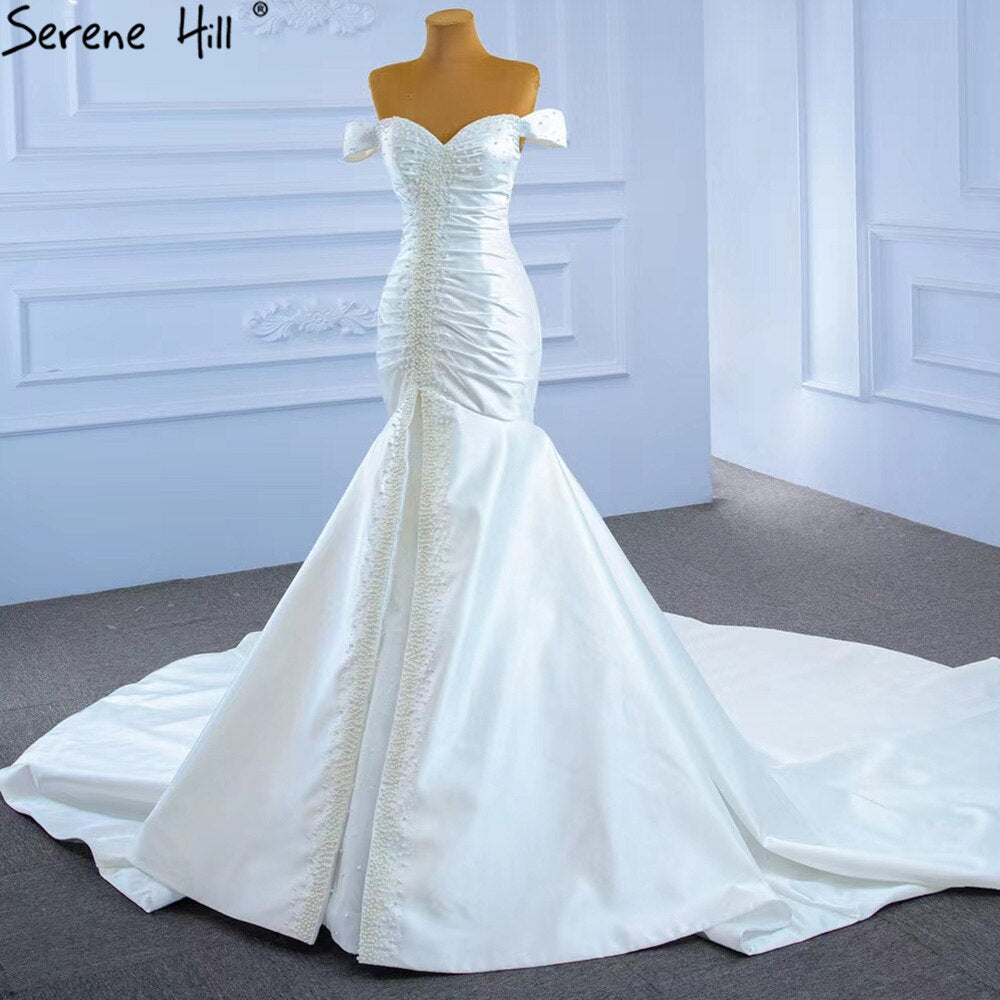 Serene Hill White Satin Mermaid Wedding Dresses Gowns Elegant Pearls Beaded Sexy Bridal Dress 2025 HM67285 - SERENE HILL