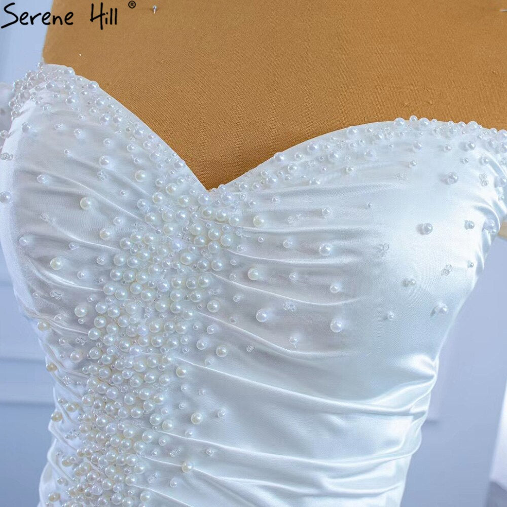 Serene Hill White Satin Mermaid Wedding Dresses Gowns Elegant Pearls Beaded Sexy Bridal Dress 2025 HM67285 - SERENE HILL