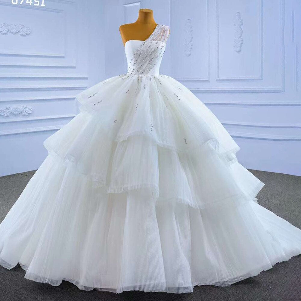 Serene Hill White Sexy One Shoulder Luxury Beaded Lace Up Bride Gowns Dubai Wedding Dress 2025 High End Custom Made HM67451 - SERENE HILL