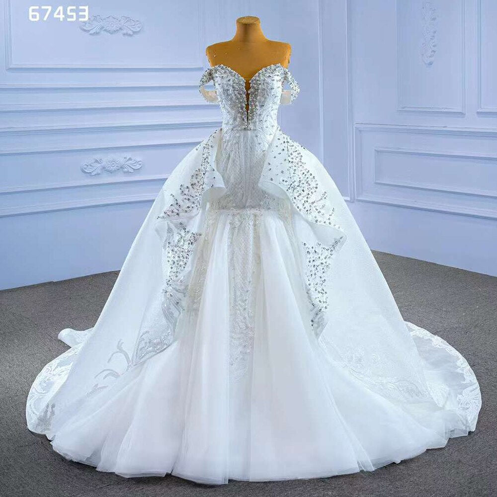 Serene Hill White Sexy V Neck Detachable Train Mermaid Lace Beaded Bride Gowns Wedding Dress 2025 High End Custom Made HM67453 - SERENE HILL