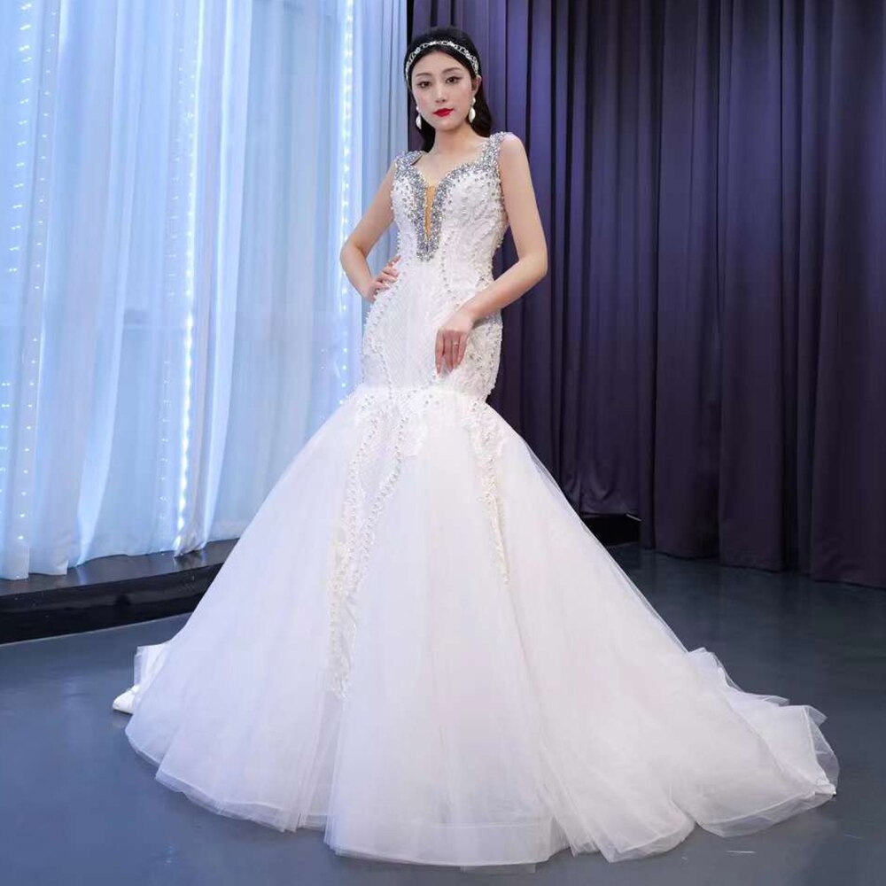 Serene Hill White Sexy V Neck Detachable Train Mermaid Lace Beaded Bride Gowns Wedding Dress 2025 High End Custom Made HM67453 - SERENE HILL