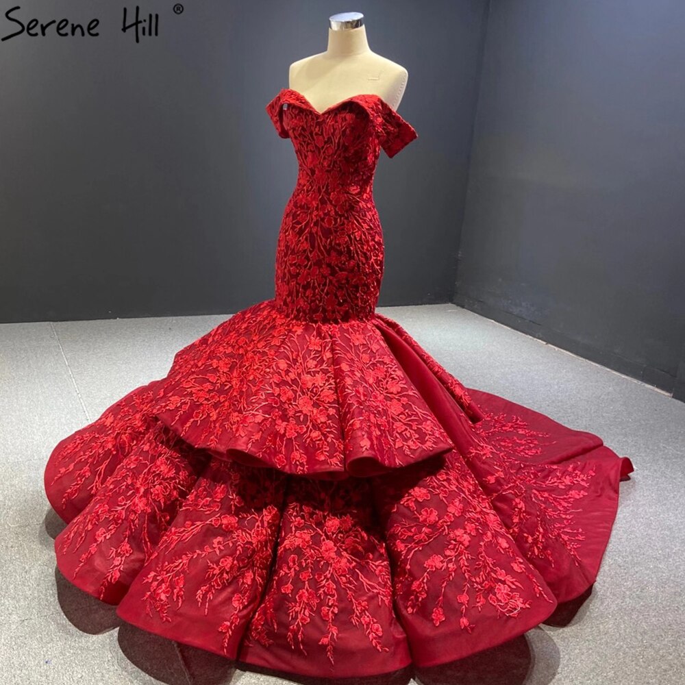 Serene Hill Wine Red Handmade Flowers Mermaid Wedding Dresses 2025 Off Shoulder Elegant Bride Gowns HA2462 Custom Made - SERENE HILL