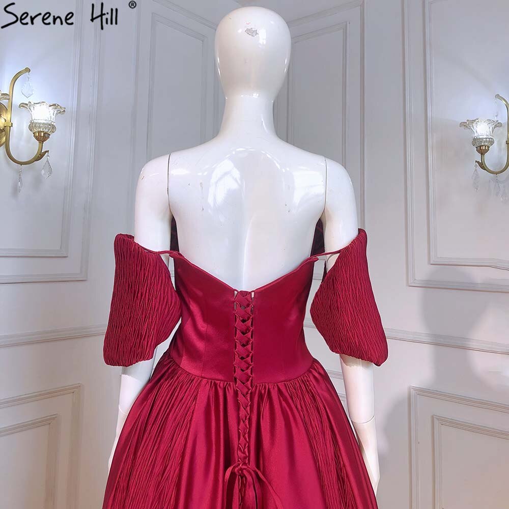 Serene Hill Wine Red Satin Evening Dresses Gowns 2025 A-Line Simple Short Sleeve Sexy For Women Party LA71347 - SERENE HILL