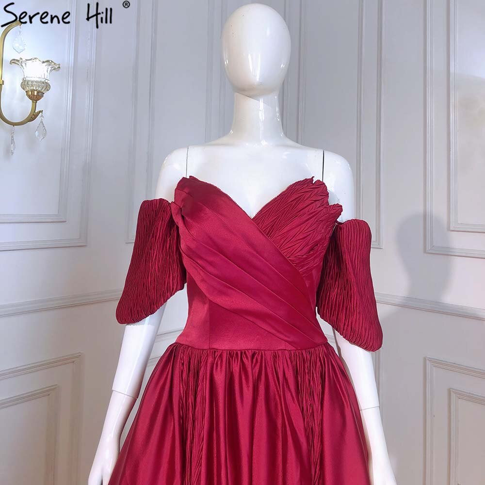 Serene Hill Wine Red Satin Evening Dresses Gowns 2025 A-Line Simple Short Sleeve Sexy For Women Party LA71347 - SERENE HILL