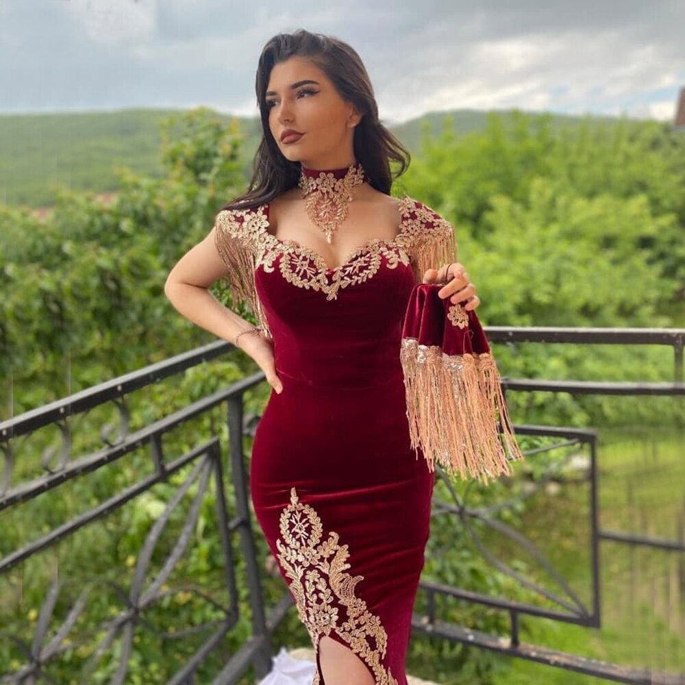 Serene Hill velvet Wine Red With Detachable Train Evening Gowns Split Luxury Tassel Sexy For Women Party 2025 LA70789 - SERENE HILL