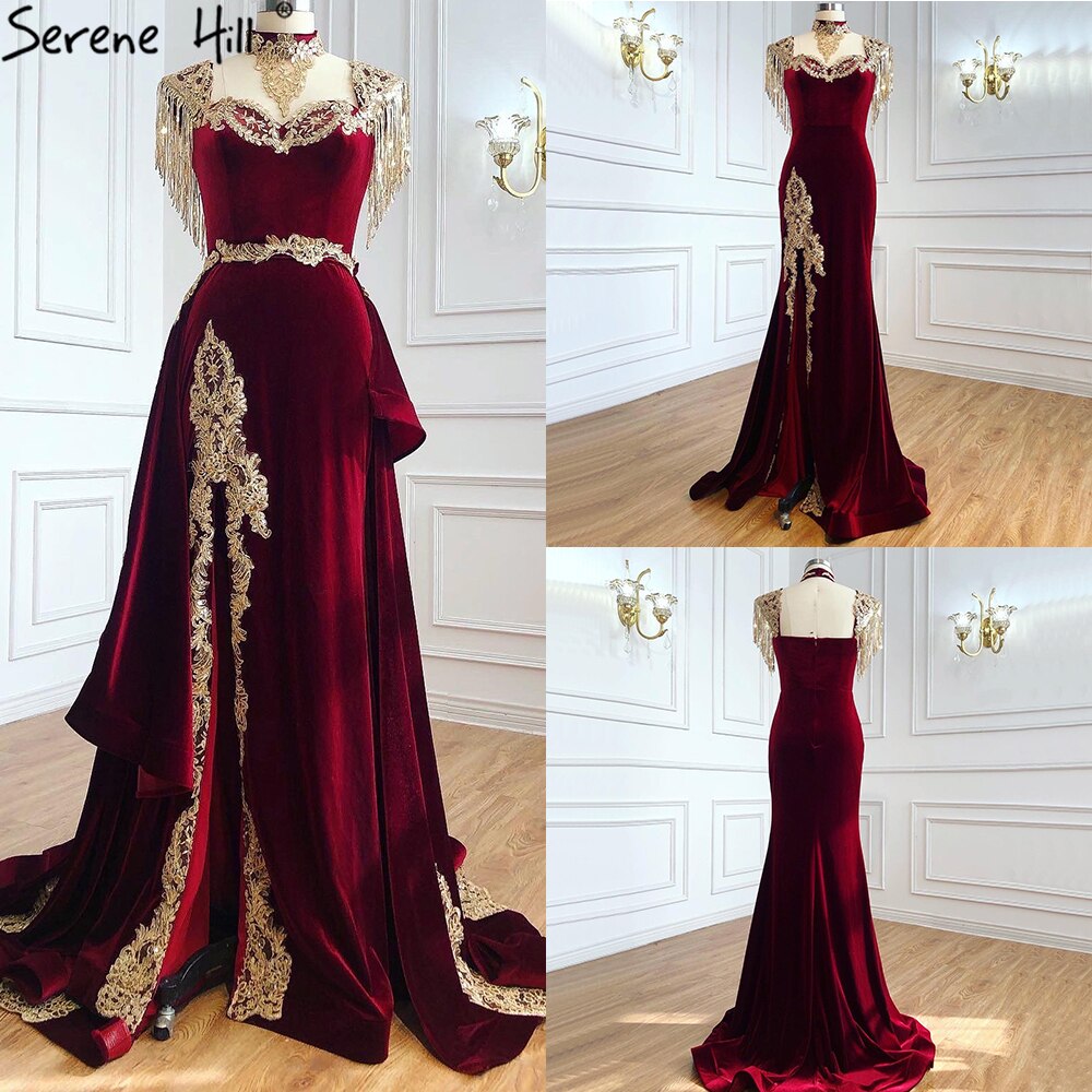 Serene Hill velvet Wine Red With Detachable Train Evening Gowns Split Luxury Tassel Sexy For Women Party 2025 LA70789 - SERENE HILL