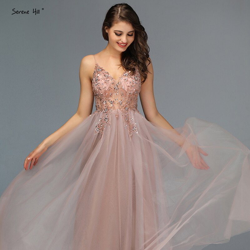 Sexy Spaghetti Straps Evening Dresses 2025 V-Neck Rhinestones Beading Formal Prom Gowns with Split robe de soiree LA60963 - SERENE HILL