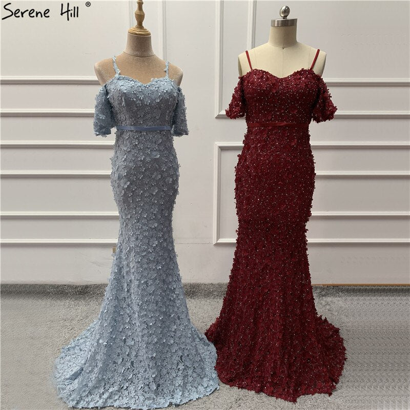 On Sale no return no refundSale Sexy Short Sleeves Mermaid Evening Dresses 2025 Embroidery Pearls Fashion Formal Dress Serene Hill LA6519 - SERENE HILL