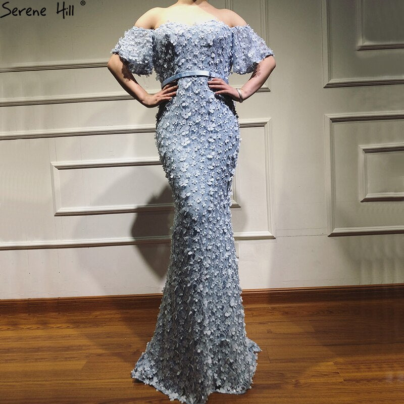 On Sale no return no refundSale Sexy Short Sleeves Mermaid Evening Dresses 2025 Embroidery Pearls Fashion Formal Dress Serene Hill LA6519 - SERENE HILL