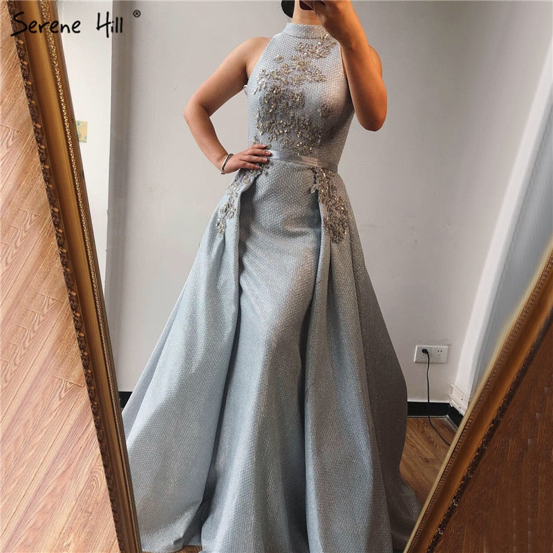 Sale Silver Dubai Sleeveless Sexy Evening Dresses 2025 Beading Sequined Mermaid Evening Gowns Design Real Photo LA70215 - SERENE HILL