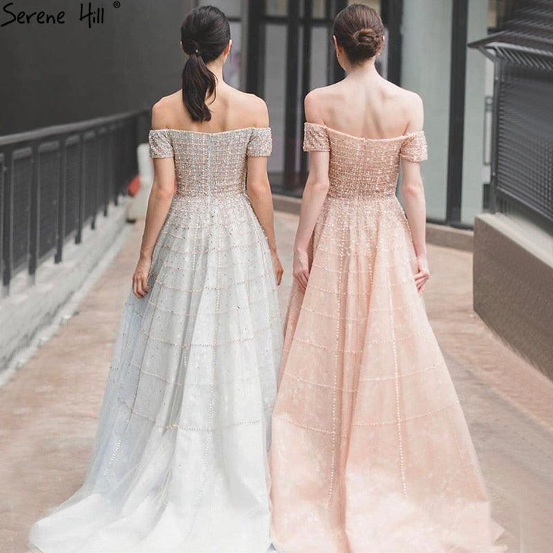 Silver Off Shoulder Short Sleeve Evening Dresses 2025 Dubai A-Line Beading Diamond Evening Gowns Serene Hill LA70263 - SERENE HILL