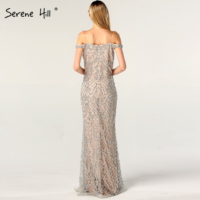 Silver Off Shoulder Split Luxury Mermaid Evening Dresses 2021 Diamond Beading Fashion Evening Gowns Serene Hill LA6653 - SERENE HILL
