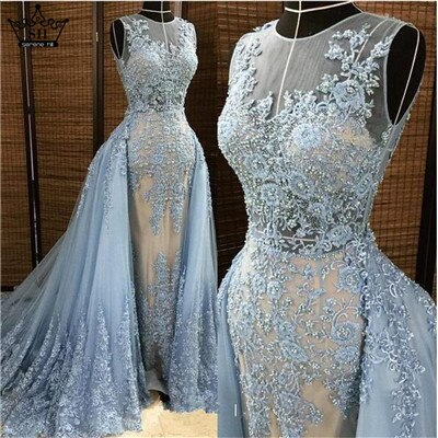 Sirène Robe de Soirée Bleu Appliques Tulls Long-Parole Longueur Sans Manches Formelle Robe de Soirée 2025 Vraie Image Serene Hill - SERENE HILL