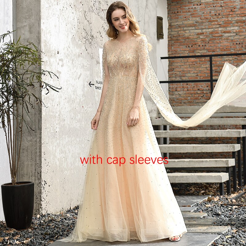 Sliver Arabic Luxury Beading Cape Sleeves A-Line Evening Dresses 2025 O-Neck A-Line Sexy Evening Gowns cerene Hill LA60869 - SERENE HILL