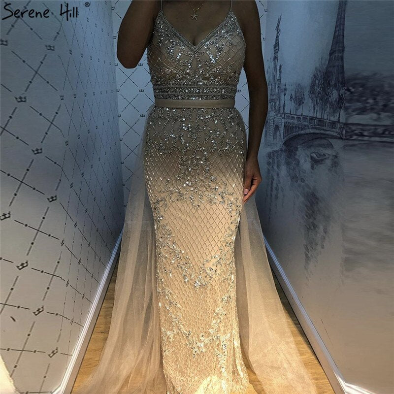 Spaghetti Strap Sexy Nude Silver Mermaid Luxury Beaded Evening Dresses Gowns For Woman 2025Formal Dress Serene Hill LA70370 - SERENE HILL