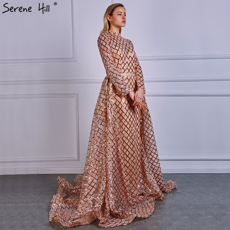 On Sale No Return No Refund Vintage Long Sleeve Luxury Sparkly Evening Dresses 2025 Sequined High Neck Fashion Tulle Evening Gowns Vestidos De Festa LA6414 - SERENE HILL