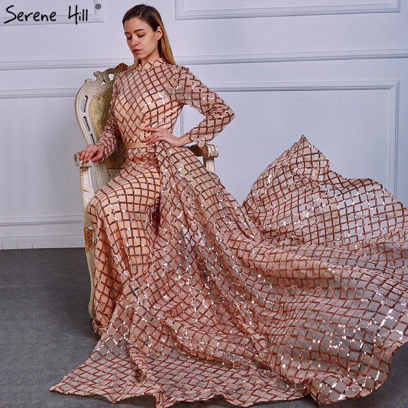 On Sale No Return No Refund Vintage Long Sleeve Luxury Sparkly Evening Dresses 2025 Sequined High Neck Fashion Tulle Evening Gowns Vestidos De Festa LA6414 - SERENE HILL