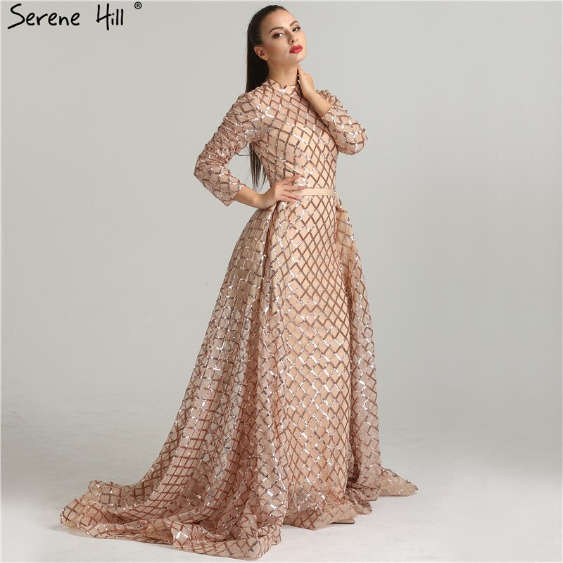 On Sale No Return No Refund Vintage Long Sleeve Luxury Sparkly Evening Dresses 2025 Sequined High Neck Fashion Tulle Evening Gowns Vestidos De Festa LA6414 - SERENE HILL