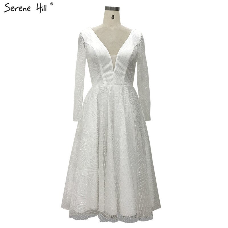 On Sale no return no refundSale White Brown Deep-V Long Sleeves Sexy Cocktail Dresses Glitter A-Line Tea-Length Cocktail Dress 2025 Serene Hill LA70267 - SERENE HILL