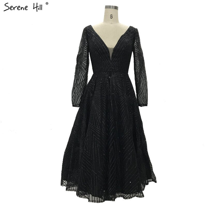 On Sale no return no refundSale White Brown Deep-V Long Sleeves Sexy Cocktail Dresses Glitter A-Line Tea-Length Cocktail Dress 2025 Serene Hill LA70267 - SERENE HILL