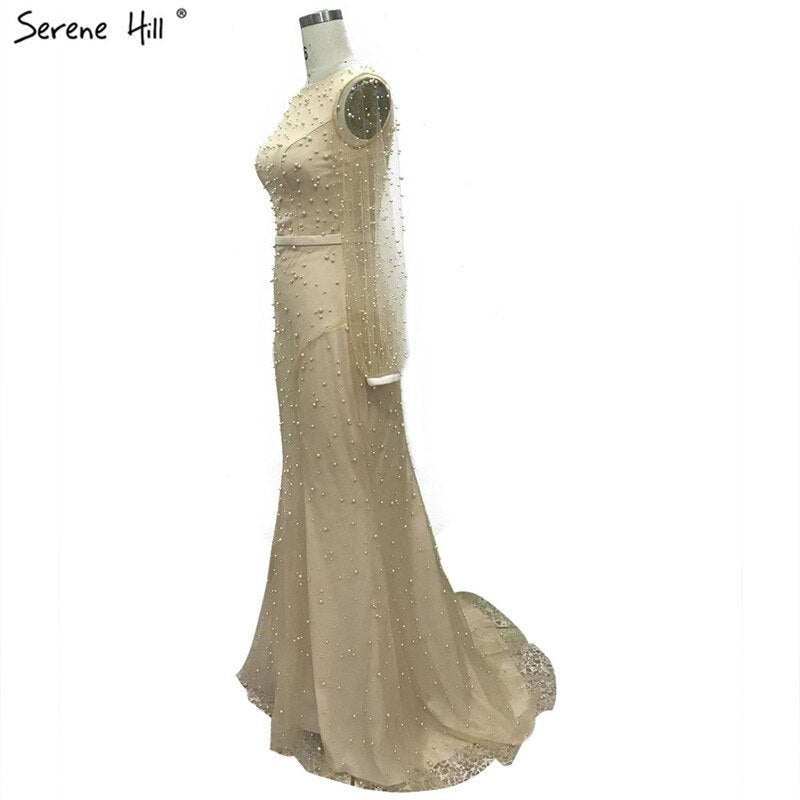 White Long Sleeve Pearls Mermaid Evening Dresses Design 2025 Dubai O-Neck Sexy Tulle Formal Dress Serene Hill LA60995 - SERENE HILL