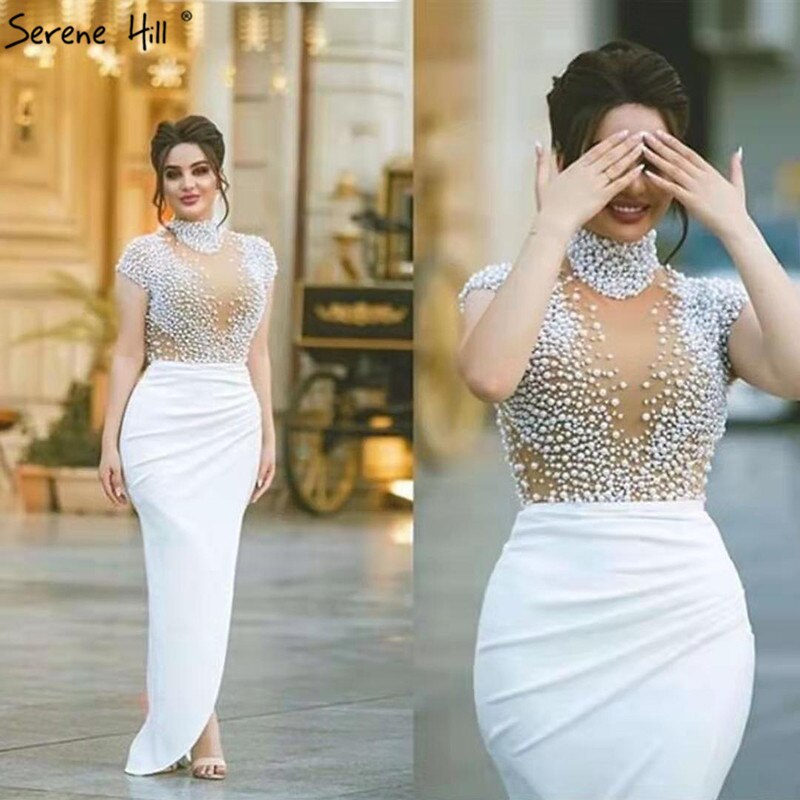 White Short Sleeves Mermaid Evening Dresses Design 2025 High Neck Pearls Beading Evening Gowns Serene Hill LA70207 - SERENE HILL