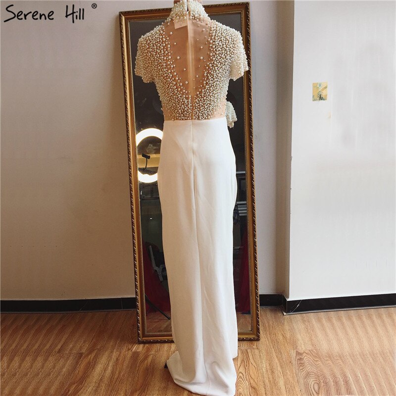 White Short Sleeves Mermaid Evening Dresses Design 2025 High Neck Pearls Beading Evening Gowns Serene Hill LA70207 - SERENE HILL