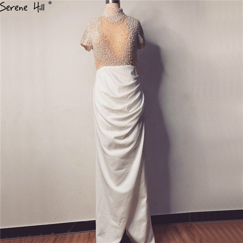White Short Sleeves Mermaid Evening Dresses Design 2025 High Neck Pearls Beading Evening Gowns Serene Hill LA70207 - SERENE HILL