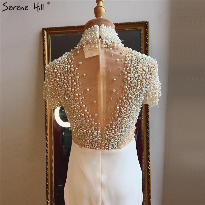 White Short Sleeves Mermaid Evening Dresses Design 2025 High Neck Pearls Beading Evening Gowns Serene Hill LA70207 - SERENE HILL