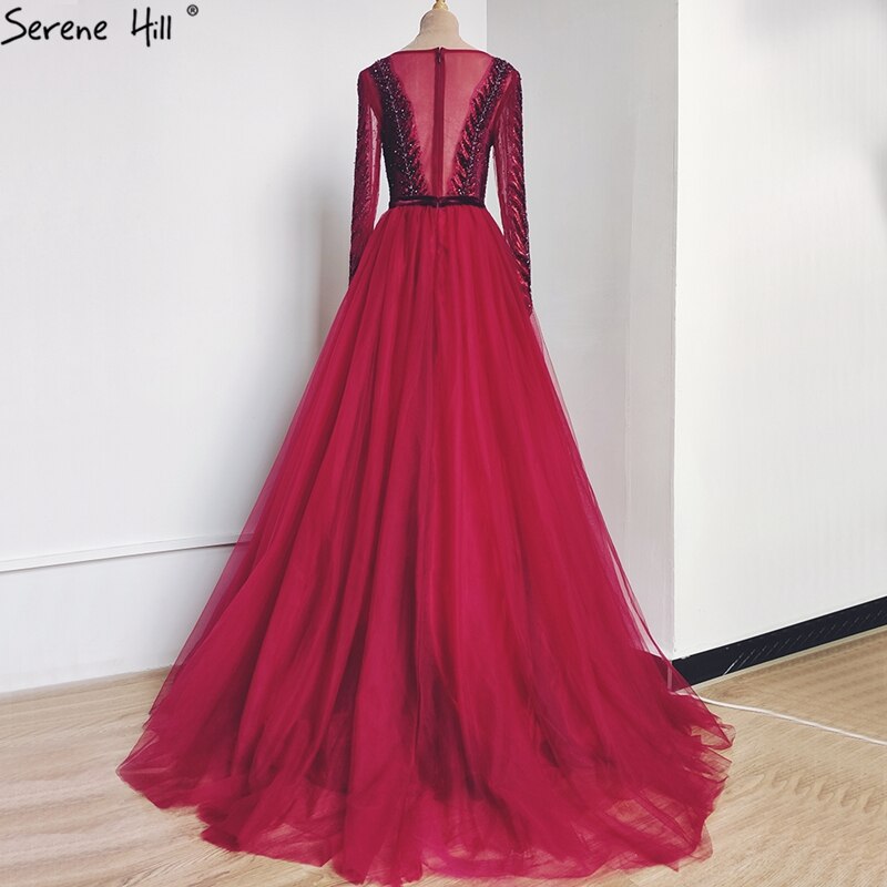 Wine Red A-Line Tulle Design Evening Dresses Long Sleeves Crystal Luxury Formal Dress Serene Hill 2025 LA70280 - SERENE HILL
