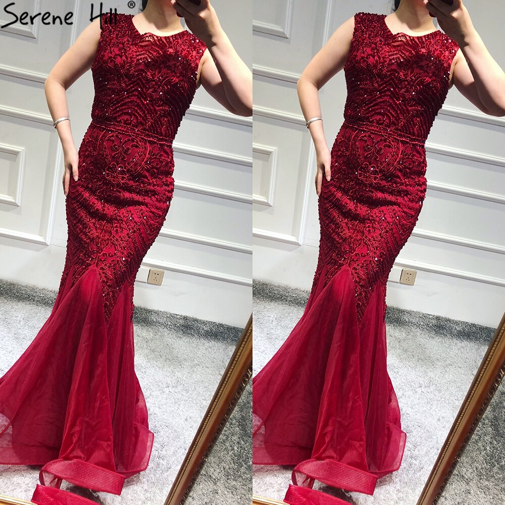 Wine Red Dubai Crystal O-Neck Evening Dresses Mermaid Sleeveless Luxury Formal Dress Real Photo LA60980 - SERENE HILL
