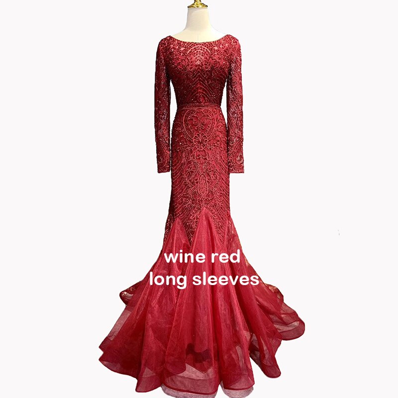 Wine Red Dubai Crystal O-Neck Evening Dresses Mermaid Sleeveless Luxury Formal Dress Real Photo LA60980 - SERENE HILL