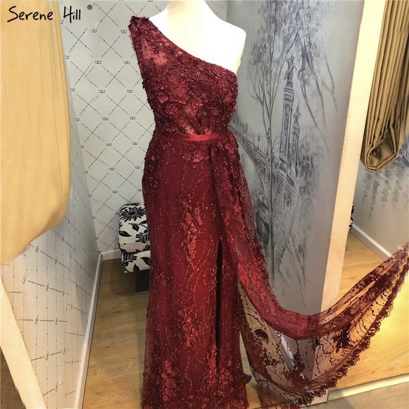 slim fit dress slacks Burgundy One Shoulder Gold Lace Applique Embellished Engagement Party Dress 36 main image 0