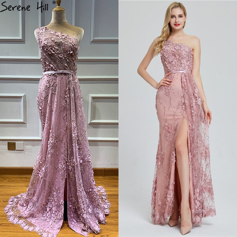 Wine Red Handmade Flowers Pearls Evening Dresses One-Shoulder Sexy Luxury Evening Gowns 2025 Serene Hill LA60901 - SERENE HILL