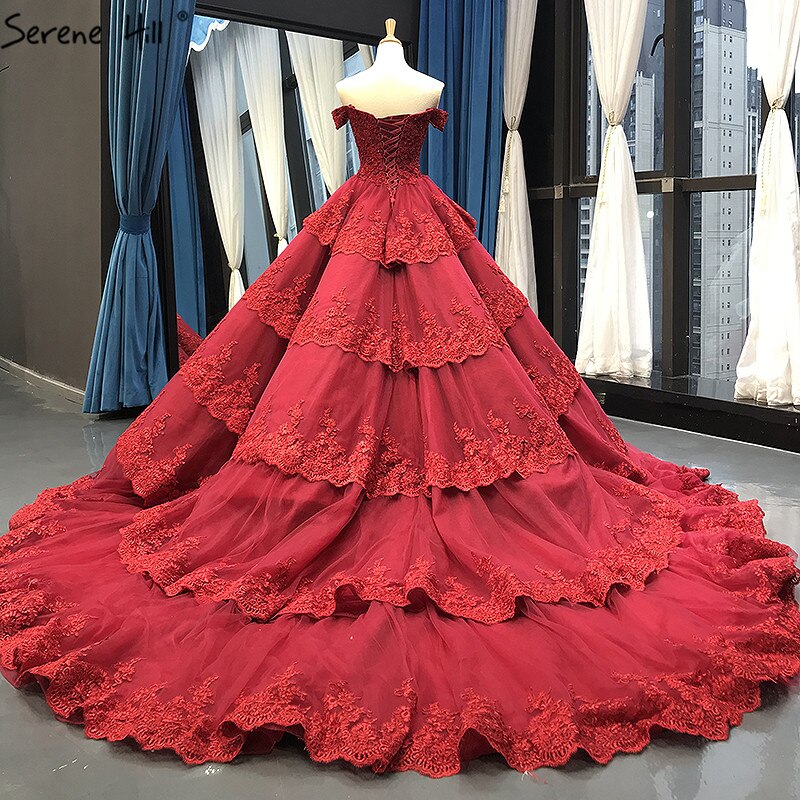 Wine Red Luxury Lace Tiered Sexy Wedding Dress Sleeveless Beading Bridal Gowns 2025 Real Picture HM66786 Custom Made - SERENE HILL