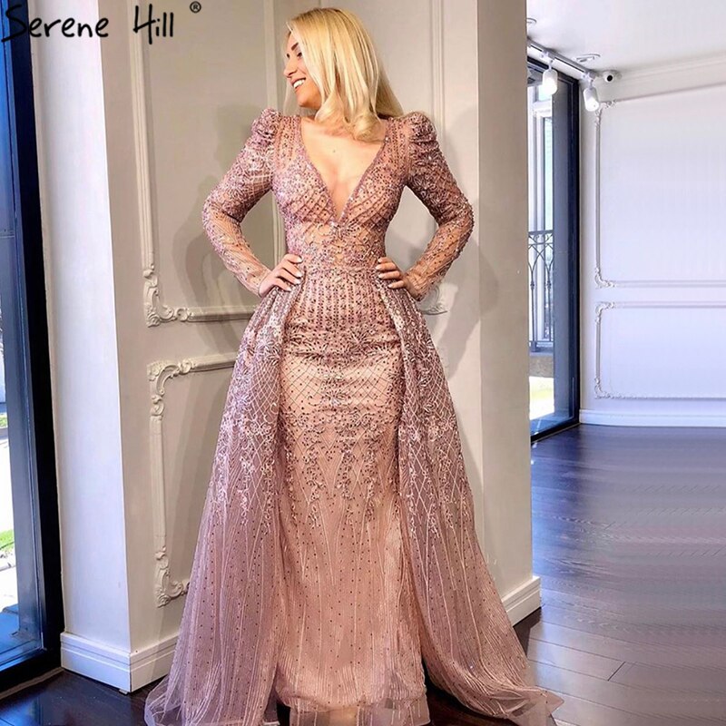Wine Red Mermaid V-Neck Dubai Evening Dresses 2021 Luxury Long Sleeves Beading Crystal Formal Dress Serene Hill LA70537 - SERENE HILL