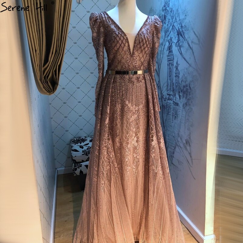 Wine Red Mermaid V-Neck Dubai Evening Dresses 2021 Luxury Long Sleeves Beading Crystal Formal Dress Serene Hill LA70537 - SERENE HILL