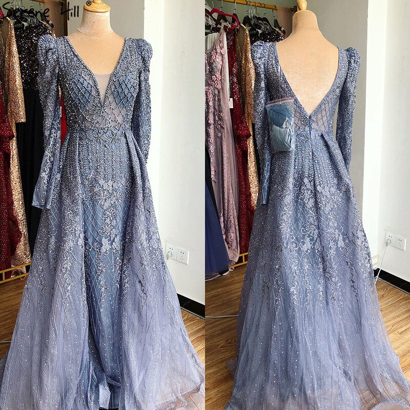 Wine Red Mermaid V-Neck Dubai Evening Dresses 2021 Luxury Long Sleeves Beading Crystal Formal Dress Serene Hill LA70537 - SERENE HILL