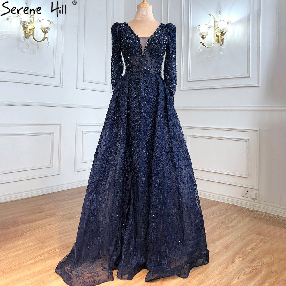 Wine Red Mermaid V-Neck Dubai Evening Dresses 2021 Luxury Long Sleeves Beading Crystal Formal Dress Serene Hill LA70537 - SERENE HILL