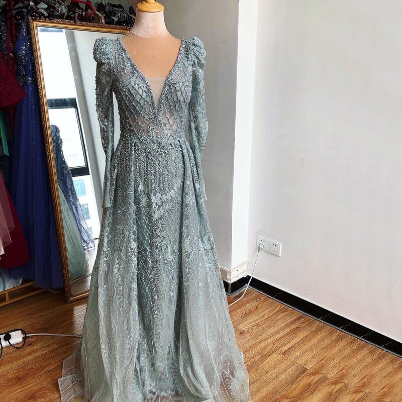Wine Red Mermaid V-Neck Dubai Evening Dresses 2021 Luxury Long Sleeves Beading Crystal Formal Dress Serene Hill LA70537 - SERENE HILL