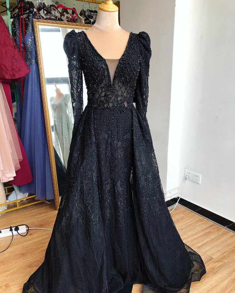 Wine Red Mermaid V-Neck Dubai Evening Dresses 2021 Luxury Long Sleeves Beading Crystal Formal Dress Serene Hill LA70537 - SERENE HILL