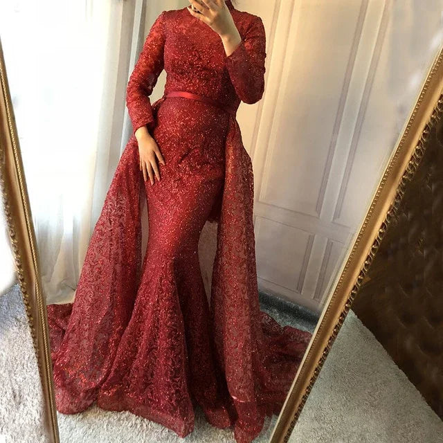 Fashion Wine Red Evening Dress Long Sleeves Gliter with train LA6326 - SERENE HILL